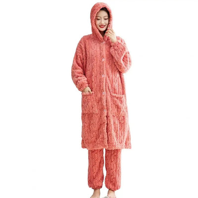 Kiara - Bademantelset mit Dickem Fleece-Bademantel mit Kapuze und Passender Hose für Frauen