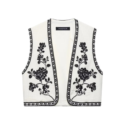 Retro Cropped Cardigan Weste mit Kontraststickerei