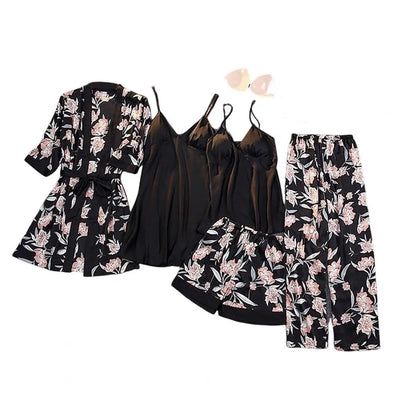 Sandy - Fünfteiliges Nachtwäsche-Set aus Satin und Seide mit Blumenmuster für Frauen