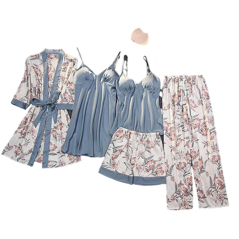 Sandy - Fünfteiliges Nachtwäsche-Set aus Satin und Seide mit Blumenmuster für Frauen