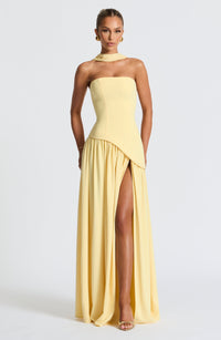Sonja - Damen Abendkleid trägerlos mit asymmetrischer Taille in Gelb