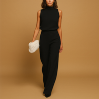 Marceline | Damen Ärmellos Stehkragen Weites Bein Jumpsuit in Schwarz