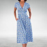 Margot | Damen V-Ausschnitt Blumenmuster Midikleid in Blau
