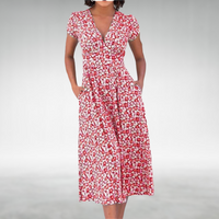 Margot | Damen V-Ausschnitt Blumenmuster Midikleid in Rot