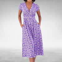 Margot | Damen V-Ausschnitt Blumenmuster Midikleid in Purpur