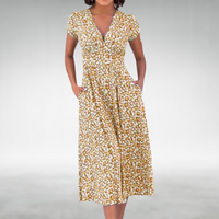 Margot | Damen V-Ausschnitt Blumenmuster Midikleid in Gelb