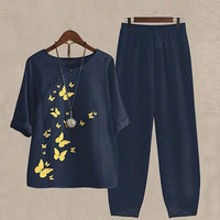 Lisanne | Damen Zweiteiler Set Schmetterlingsprint Hose in Dunkel Blau