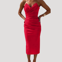 Marlies | Damen Schulterfreies Geraftes Midikleid in Rot