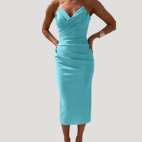 Marlies | Damen Schulterfreies Geraftes Midikleid in Hellblau