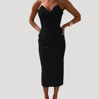 Marlies | Damen Schulterfreies Geraftes Midikleid in Schwarz