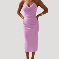 Marlies | Damen Schulterfreies Geraftes Midikleid in Rosa
