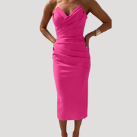 Marlies | Damen Schulterfreies Geraftes Midikleid in Pink