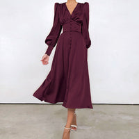 Marlina | Damen V-Ausschnitt Langarm Midikleid in Bordeaux
