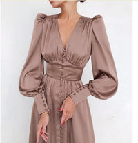 Marlina | Damen V-Ausschnitt Langarm Midikleid in Khaki