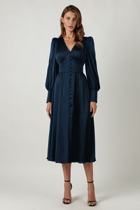 Marlina | Damen V-Ausschnitt Langarm Midikleid in Blau