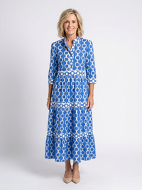 Marta | Damen Kettenmuster 3/4 Ärmel Maxi Kleid in Blau