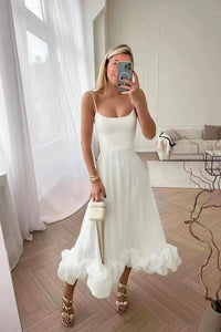 Mathilda | Zartes Spaghettiträger Rüschen Kleid in Weiß