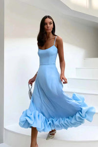 Mathilda | Zartes Spaghettiträger Rüschen Kleid in Blau