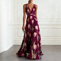 Mathilde | Damen V-Ausschnitt Maxikleid Blumenmuster in Burgunder