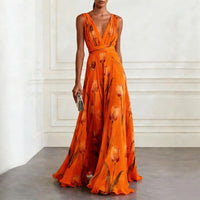 Mathilde | Damen V-Ausschnitt Maxikleid Blumenmuster in Orange