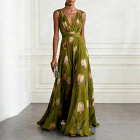 Mathilde | Damen V-Ausschnitt Maxikleid Blumenmuster in Grün