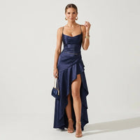 Charlotte | Damen Elegantes Fließendes Abend Maxikleid in Dunkelblau