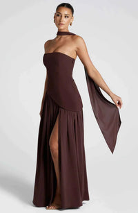 Séraphine | Damen Maxikleid Beinschlitz Drapé Elegant Sinnlich Festlich in Braun