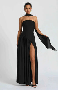 Séraphine | Damen Maxikleid Beinschlitz Drapé Elegant Sinnlich Festlich in Schwarz