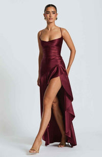 Rosalie | Damen Maxikleid Rüschenabschluss Romantic Fließend Sommer in Dunkelrot