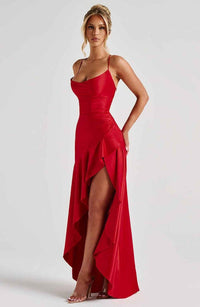 Rosalie | Damen Maxikleid Rüschenabschluss Romantic Fließend Sommer in Rot