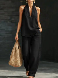 Melanie | Denim Set mit V-Ausschnitt weitem Bein in Schwarz