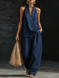 Melanie | Denim Set mit V-Ausschnitt weitem Bein in Marineblau