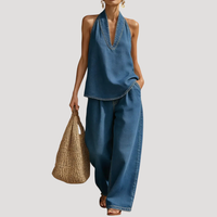 Meret | Damen Neckholder Zweiteiler Set Weite Hose in DunkelBlau