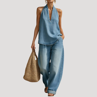 Meret | Damen Neckholder Zweiteiler Set Weite Hose in Hellblau