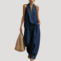 Meret | Damen Neckholder Zweiteiler Set Weite Hose in Navy