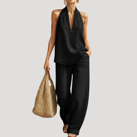 Meret | Damen Neckholder Zweiteiler Set Weite Hose in Schwarz