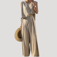 Nerida | Damen Zweiteiler Ärmelloses Top Weite Hose in Beige