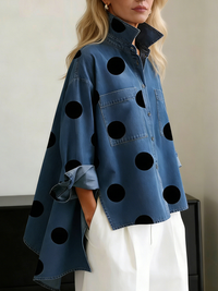 Nicolette | Damen Polka Dot Stehkragen Langarm Bluse in Blau