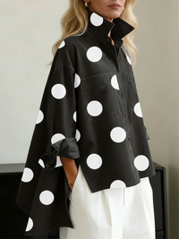 Nicolette | Damen Polka Dot Stehkragen Langarm Bluse in Schwarz