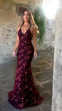 Nora | Damen Paillettenkleid Bodenlang Rückenausschnitt Glamour Abend in Weinrot