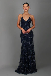 Nora | Damen Paillettenkleid Bodenlang Rückenausschnitt Glamour Abend in Dunkelblau