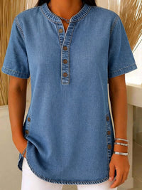 Nora | Damen Kurzarm Jeansbluse mit Knopfleiste in Blau