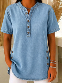 Nora | Damen Kurzarm Jeansbluse mit Knopfleiste in Hellblau