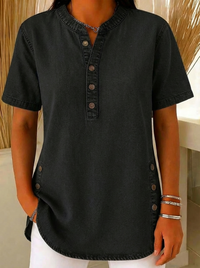 Nora | Damen Kurzarm Jeansbluse mit Knopfleiste in Schwarz
