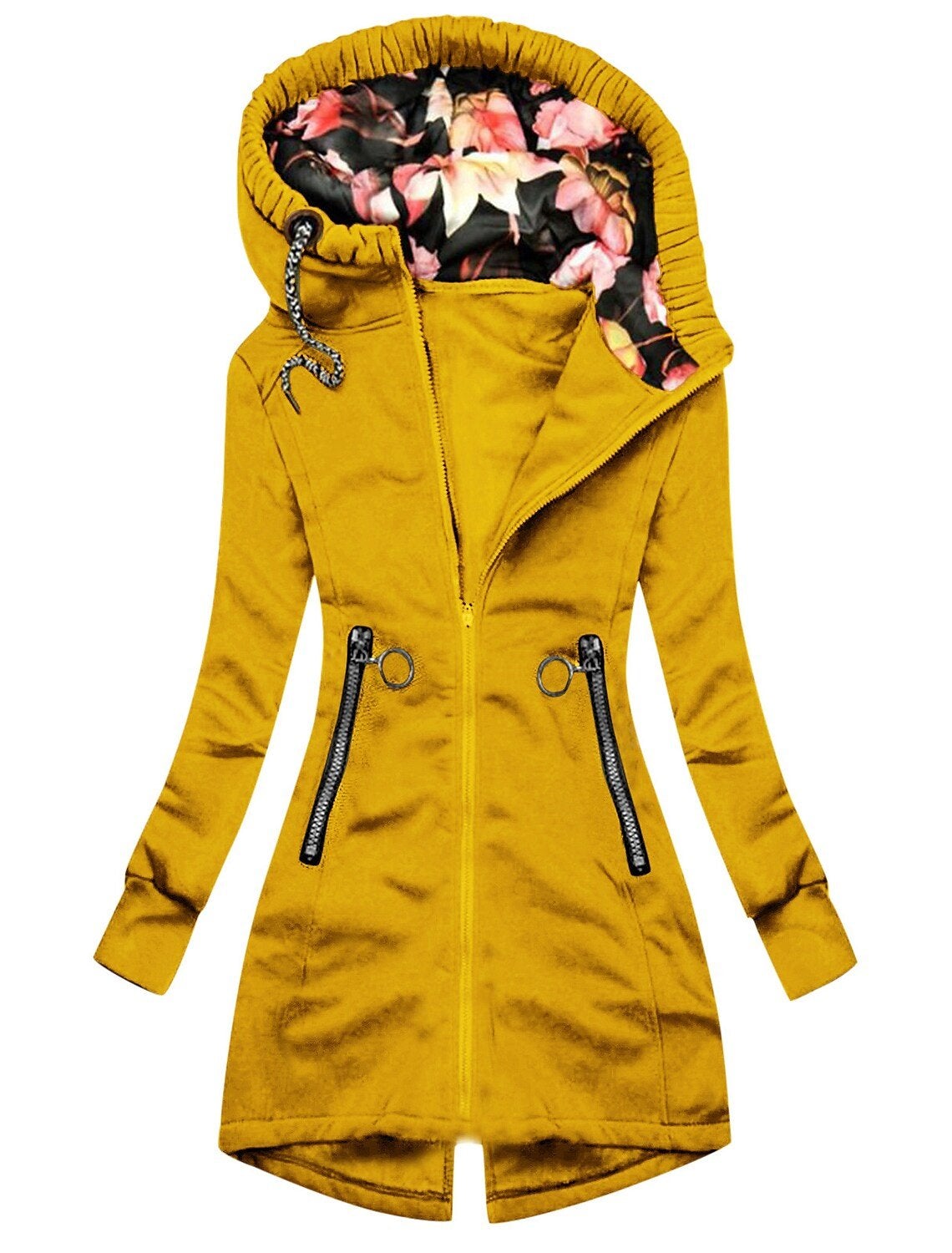 Stylische Regenjacke mit Hohem Kragen, Reissverschlusstaschen und Bedruckter Kapuze für Damen | Ideal für den Winter