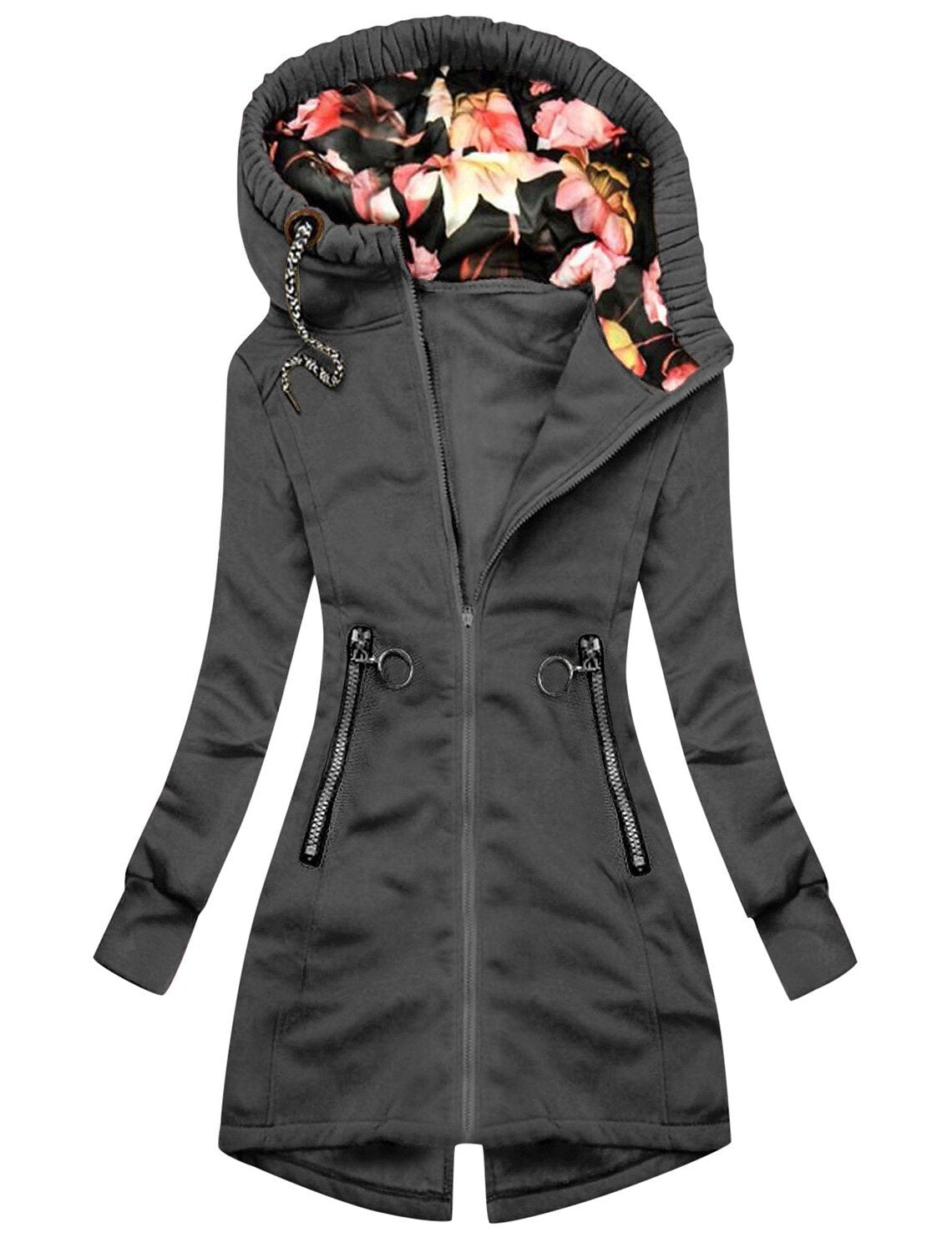 Stylische Regenjacke mit Hohem Kragen, Reissverschlusstaschen und Bedruckter Kapuze für Damen | Ideal für den Winter