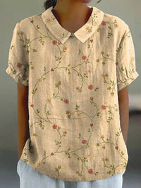 Noémie | Damen Bluse Hanfgewebe Herbst Blumenmuster Natürlich Casual in Orange