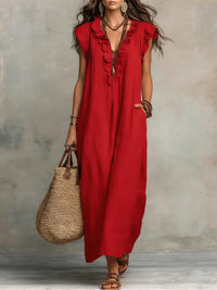 Norea | Boho-Kleid aus Leinen &amp; Baumwolle in Rot