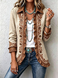 Damen Langarm-Rüschenjacke mit Knöpfen in Beige & Braun