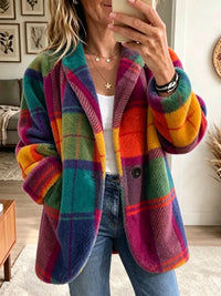 Damen Mantel mit Taschen und Knöpfen, Karomuster, Langarm in Regenbogen